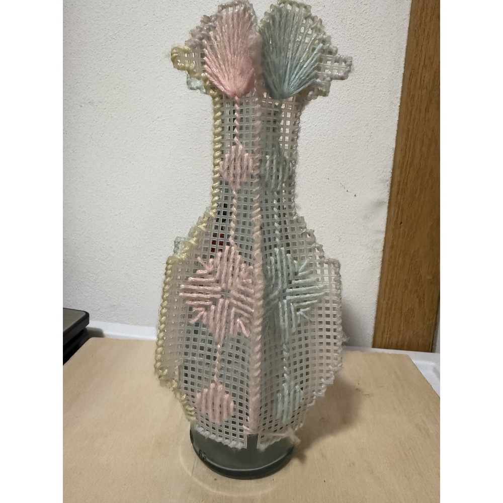 vintage handmade plastic canvas needlepoint vase 9in